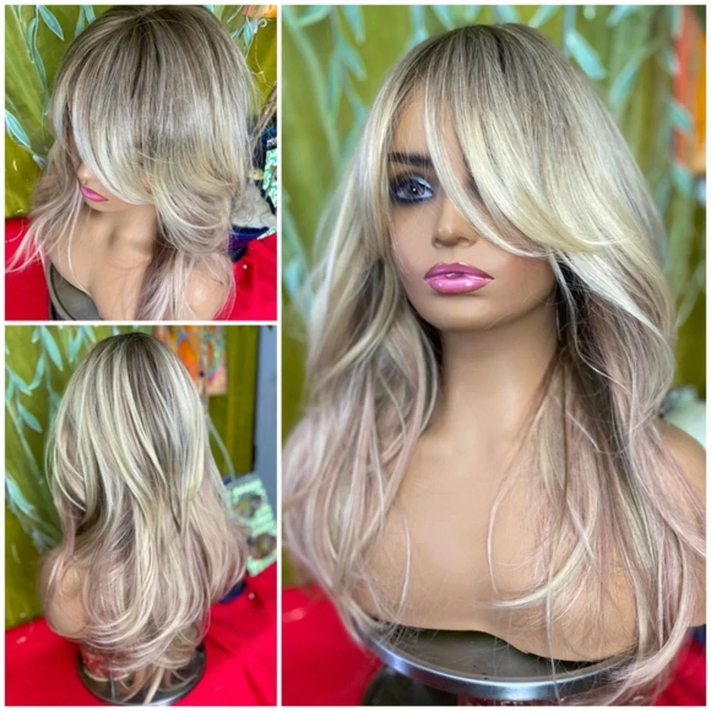 LAST ONE blonde with pink highlights layered wig